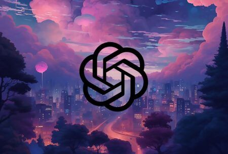 ChatGPT logo on a city with a pink sky and clouds background
