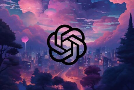 ChatGPT logo on a city with a pink sky and clouds background