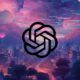 ChatGPT logo on a city with a pink sky and clouds background