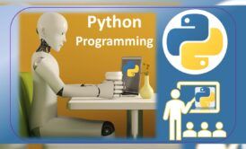 a robot sitting at a desk with a laptop trying to learn to code in python