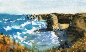 Australian watercolor landscape painting showcasing the breathtaking Twelve Apostles scene.