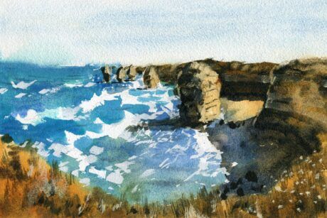 Australian watercolor landscape painting showcasing the breathtaking Twelve Apostles scene.