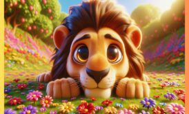A cartoon lion character peacefully rests in a colorful field of blooming flowers AI generated through Dall-E 3.