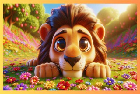 A cartoon lion character peacefully rests in a colorful field of blooming flowers AI generated through Dall-E 3.