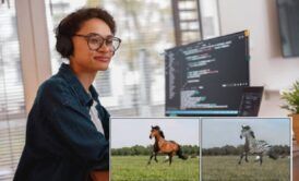 A woman wearing headphones focuses on a computer screen displaying a zebra. This image relates to a deep learning course.