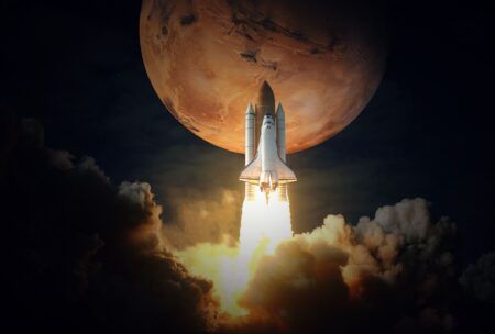 Space shuttle launching from Earth, highlighting environmental impact of space flight.