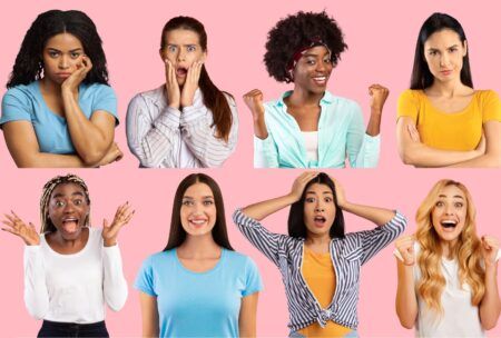A collage of women with varied expressions, revealing the secrets of face reading.