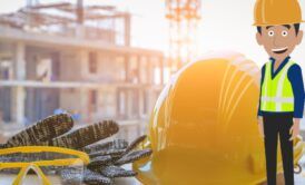 A cartoon construction worker promotes health and safety in construction, wearing a hard hat and safety glasses.