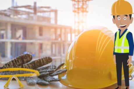 A cartoon construction worker promotes health and safety in construction, wearing a hard hat and safety glasses.