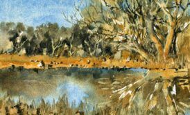 Watercolor painting of pond and trees with reflections in water. A serene and vibrant depiction of nature's beauty