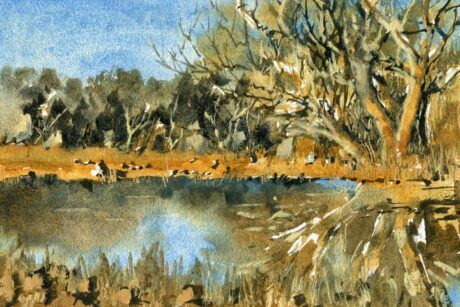 Watercolor painting of pond and trees with reflections in water. A serene and vibrant depiction of nature's beauty