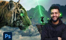 A man standing beside a tiger and lightning. Image from the Photoshop Online Course.