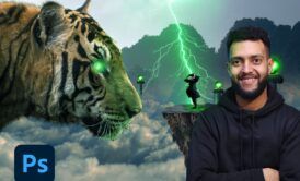 A man standing beside a tiger and lightning. Image from the Photoshop Online Course.