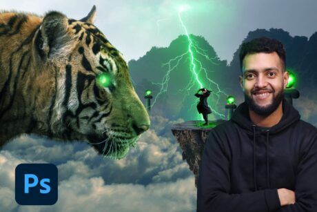 A man standing beside a tiger and lightning. Image from the Photoshop Online Course.