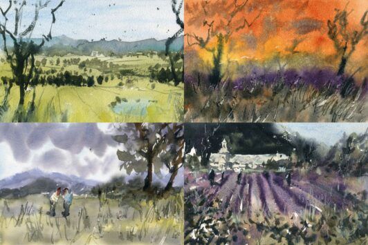 Four watercolor landscapes paintings showcasing different scenic views