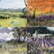 Four watercolor landscapes paintings showcasing different scenic views