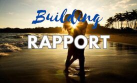Two people on a beach with a text overlay that reads Building Rapport