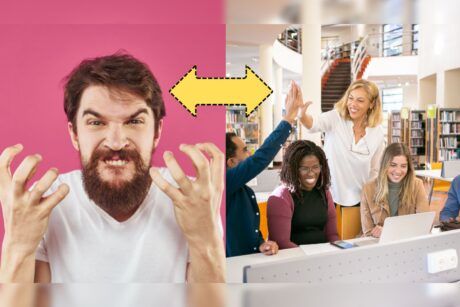 Multicultural individuals in a library setting creating a classroom management plan, one person with a clenched fist