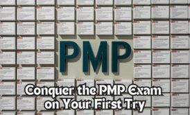 PMP exam preparation image with the words 'Conquer the PMP exam on your first try' and 'PMP mock exam’