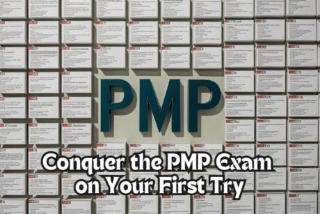 PMP exam preparation image with the words 'Conquer the PMP exam on your first try' and 'PMP mock exam’