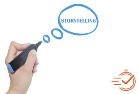 Hand writing 'storyteller' with marker on transparent background, symbolizing business storytelling.