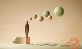 Man on wooden block with floating eggs, symbolizing critical thinking
