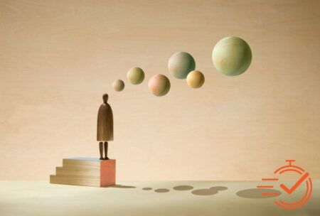 Man on wooden block with floating eggs, symbolizing critical thinking