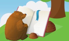bear reading book in forest, learning how to write children's book