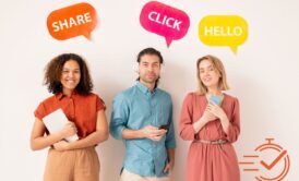 three people side by side, each with a speech bubble, indicating social media interactions