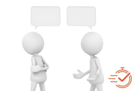 3D figures chatting with speech bubbles, representing a difficult conversations training session