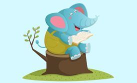 an elephant sits on a tree stump, engrossed in reading a book, illustrating a whimsical scene for how to illustrate a children's book