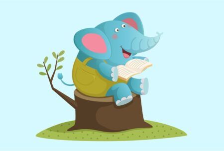 an elephant sits on a tree stump, engrossed in reading a book, illustrating a whimsical scene for how to illustrate a children's book