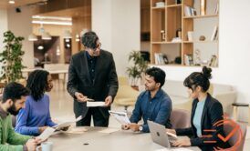 Team members gather at a table with laptops, embodying resilience and collaboration in a dynamic work environment.