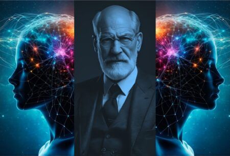 a man with his head positioned in front of a brain, illustrating Freud's psychoanalytic theory of personality