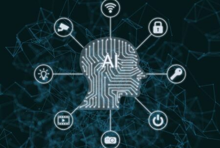 a futuristic workspace showcasing AI and leadership and collaboration among diverse professionals
