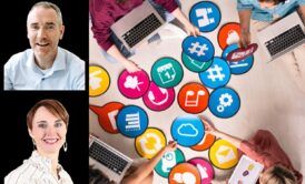 a collage depicting individuals with laptops, surrounded by social icons, illustrating how to build trust in a team strategies