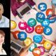 a collage depicting individuals with laptops, surrounded by social icons, illustrating how to build trust in a team strategies