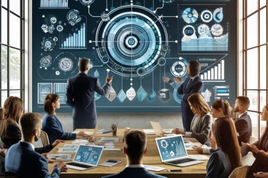 business professionals in a meeting room, analyzing a diagram on a large screen related to results-based management