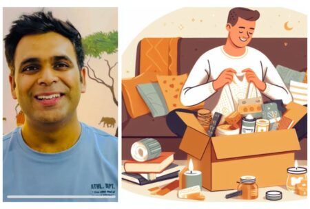 a man sits in front of a self-care box featuring an image of a man contemplating its contents