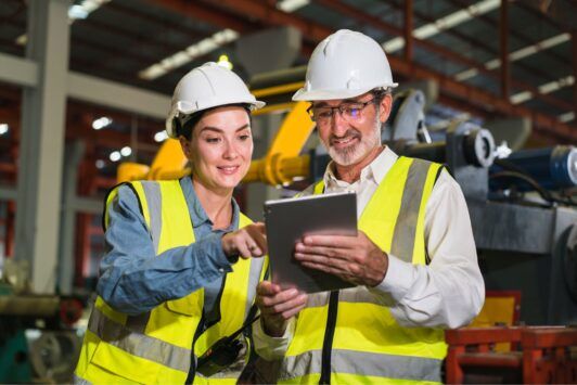 two individuals in hard hats reviewing safety data on a tablet at a construction site, emphasizing workplace safety