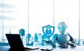 a security robot with a laptop stands against a cityscape, symbolizing cybersecurity fundamentals in an urban environment