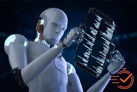 A robot holds a computer screen featuring prompts for ai, indicating how tasks should be completed successfully.