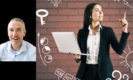 a man in a shirt and a woman using a laptop, symbolizing digital marketing mastery in action