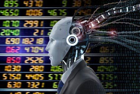 a robot with a head filled with data, symbolizing knowledge and analysis in a value investing course