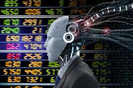 a robot with a head filled with data, symbolizing knowledge and analysis in a value investing course