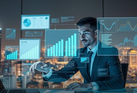 A man analyzes graphs on a laptop, focusing on methods to simplify accounting for small businesses.