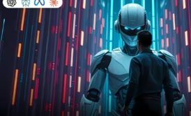 A man looks at a robot, highlighting the interaction between humans and AI chatbots in a comparative context.
