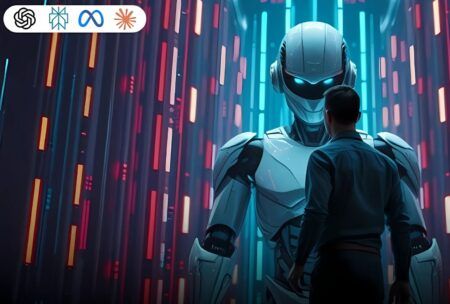 A man looks at a robot, highlighting the interaction between humans and AI chatbots in a comparative context.