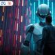 A man looks at a robot, highlighting the interaction between humans and AI chatbots in a comparative context.