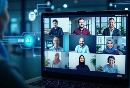 A woman engaged in a video conference on her laptop, exploring the best AI tools for business.